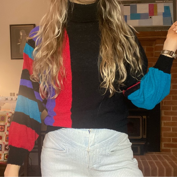 Vintage Sweaters - Vintage 90s West Coast Connection Lightweight Colorblock Art Turtleneck …